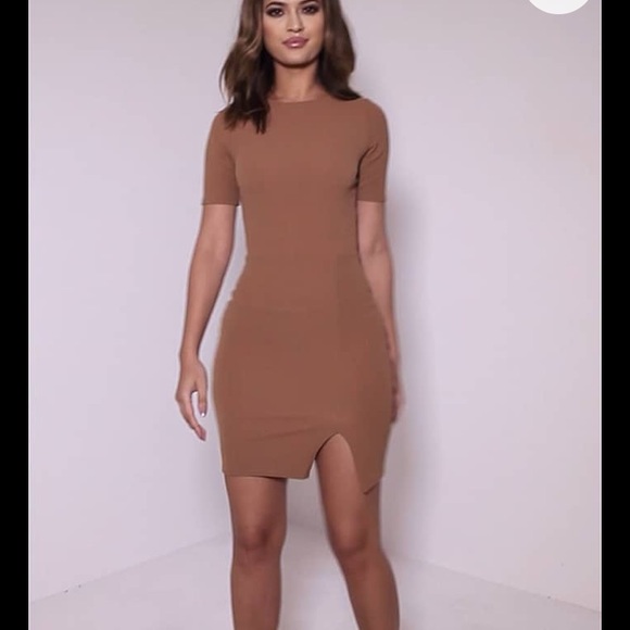 pretty little thing Dresses & Skirts - Camel Split Detail Capped Sleeve Bodycon Dress